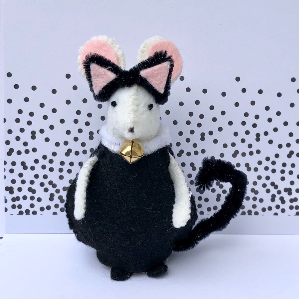 Meow! Black Cat costume felt mouse art doll ready Halloween cake topper